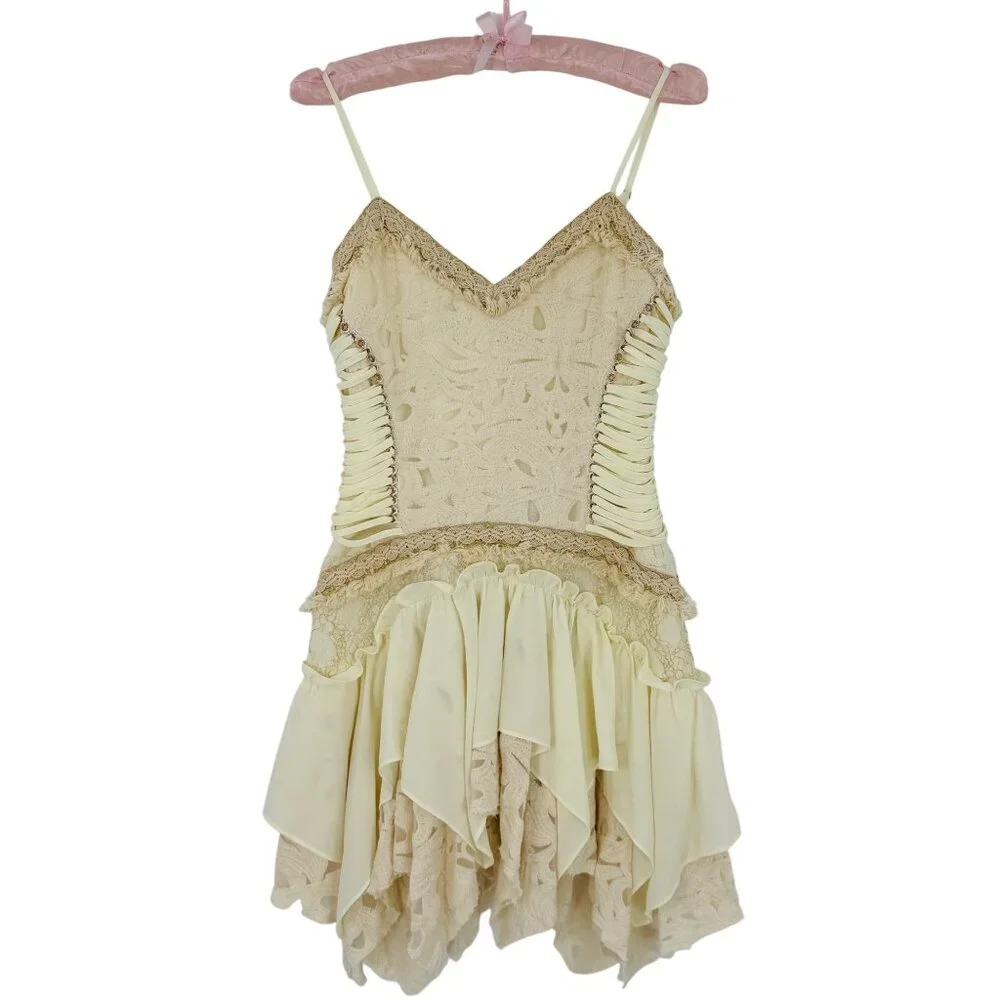 NWT Free People Ixiah Liminal Ivory Lace Ruffle Mini Dress | Grunge Fairycore 6 - Picture 3 of 16